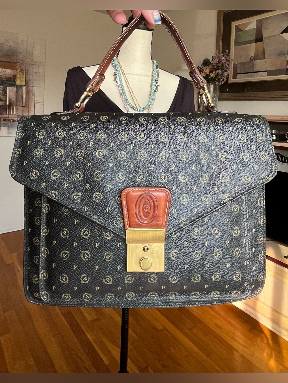 Pollini vintage black monogram leather satchel